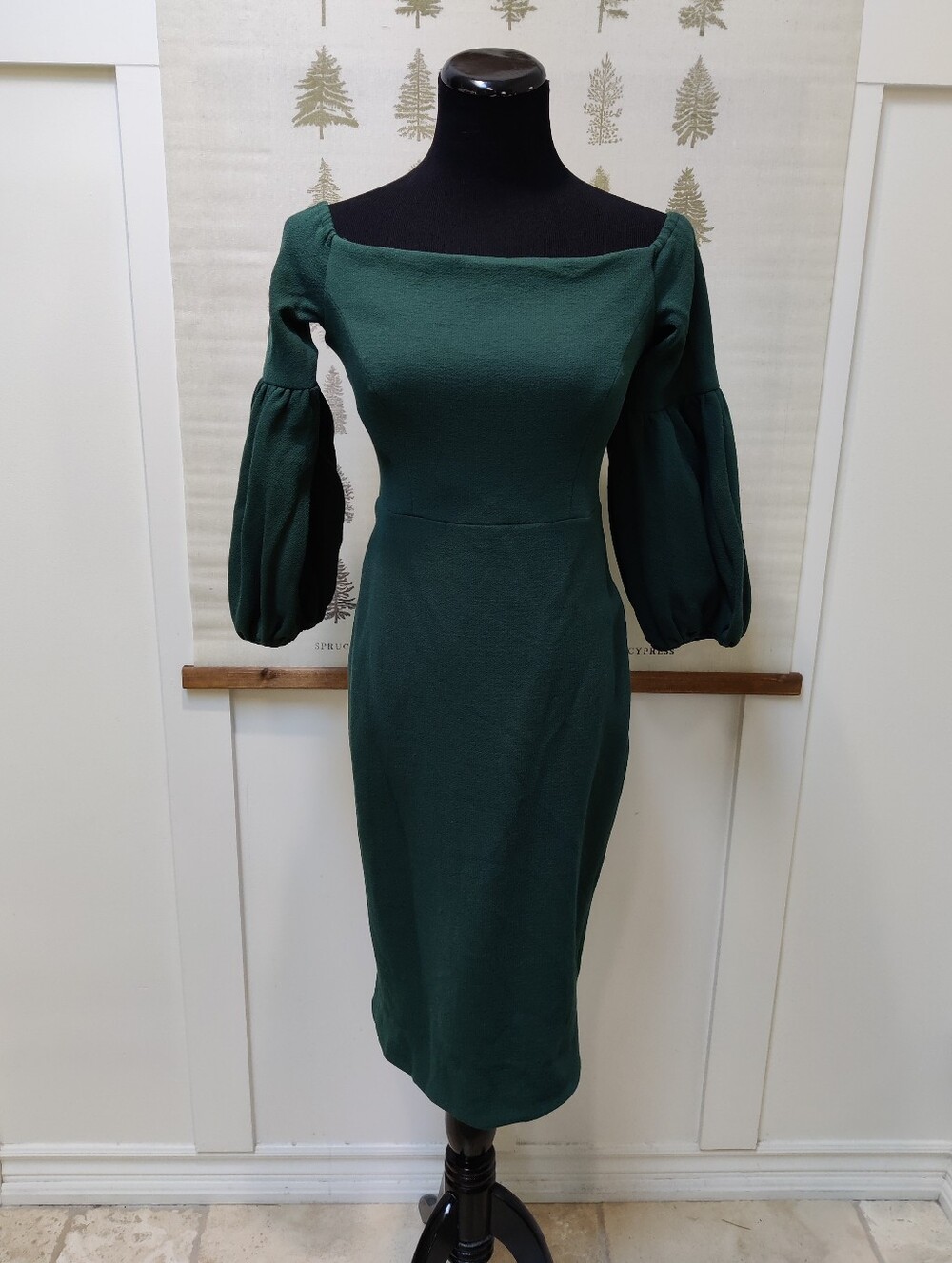 Lela Rose Forest Green Off-The-Shoulder Puff Sleeve Midi Dress Size 6